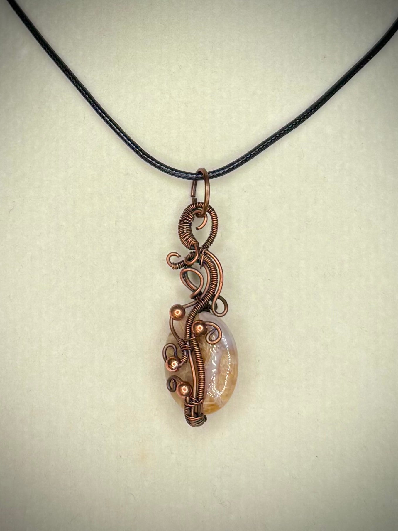 Flower Agate Bead and Copper Pendant