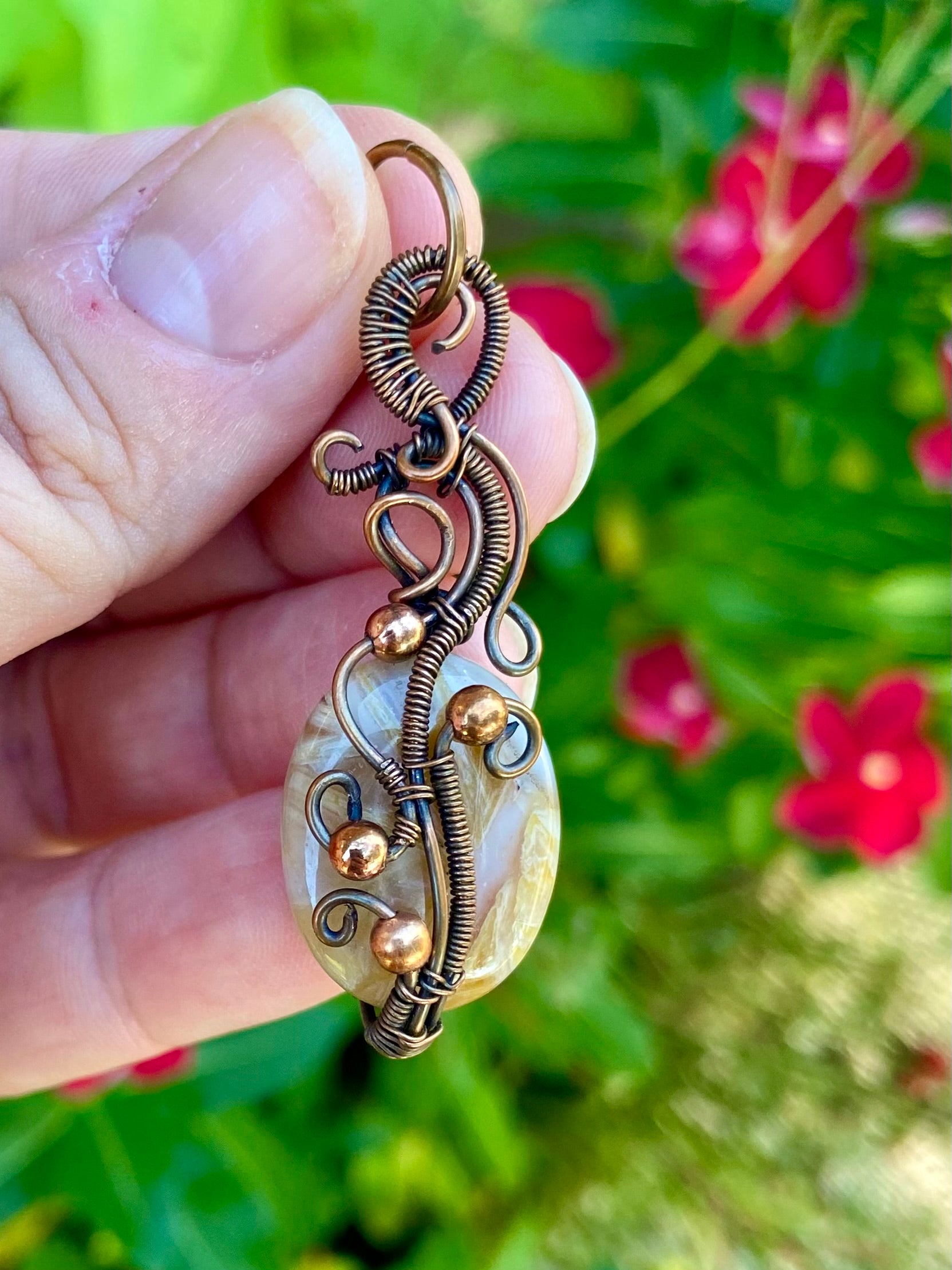 Flower Agate Bead and Copper Pendant