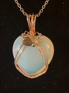 Opalite Heart wrapped in Rose Gold with heart charm