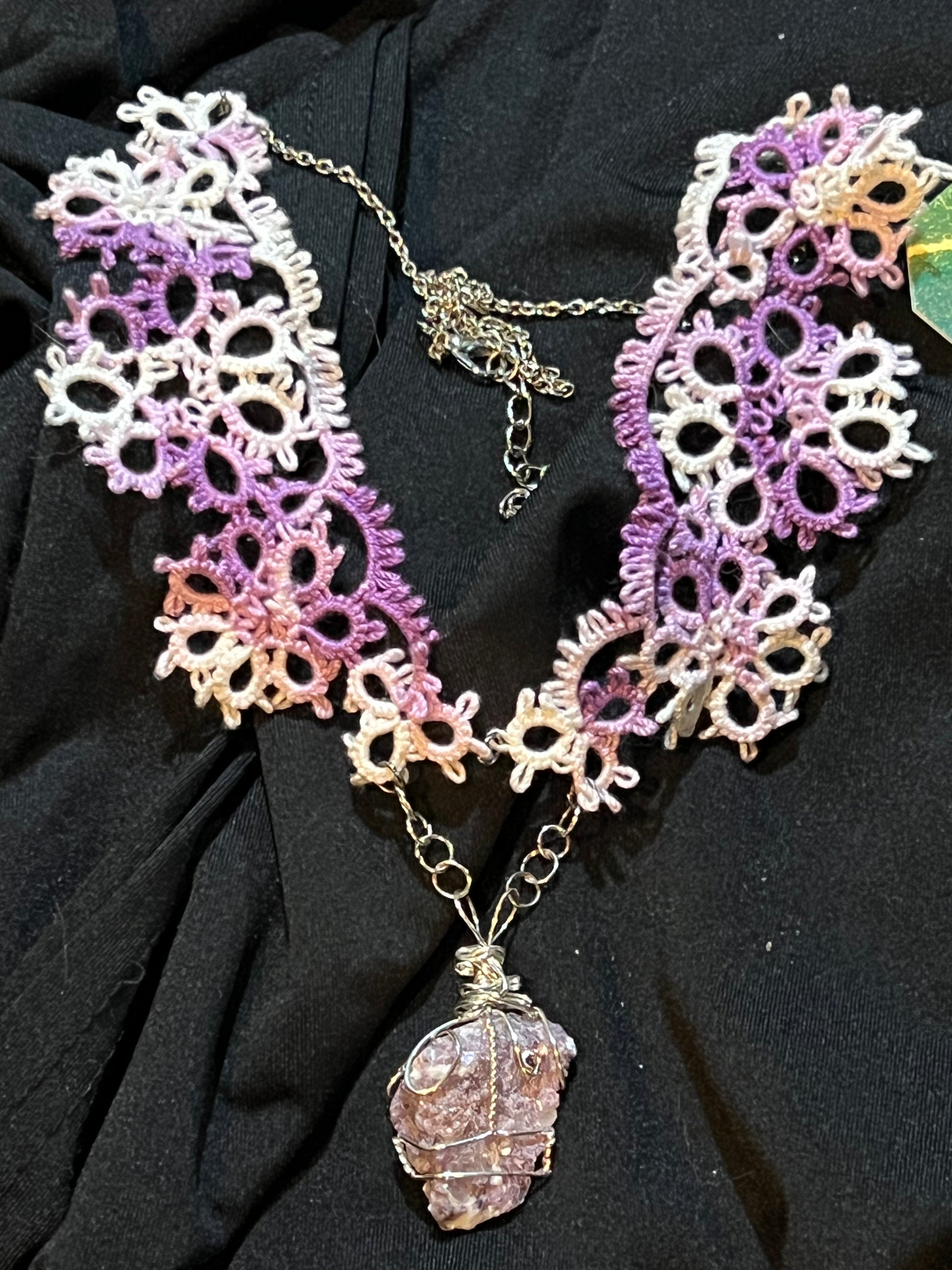 Lepidolite Shuttle Tatted Necklace