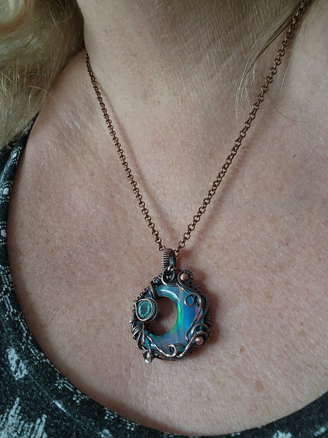 Aura Opal Cresent with CZ Copper Pendant