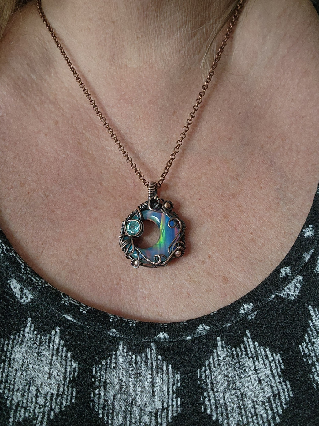 Aura Opal Cresent with CZ Copper Pendant