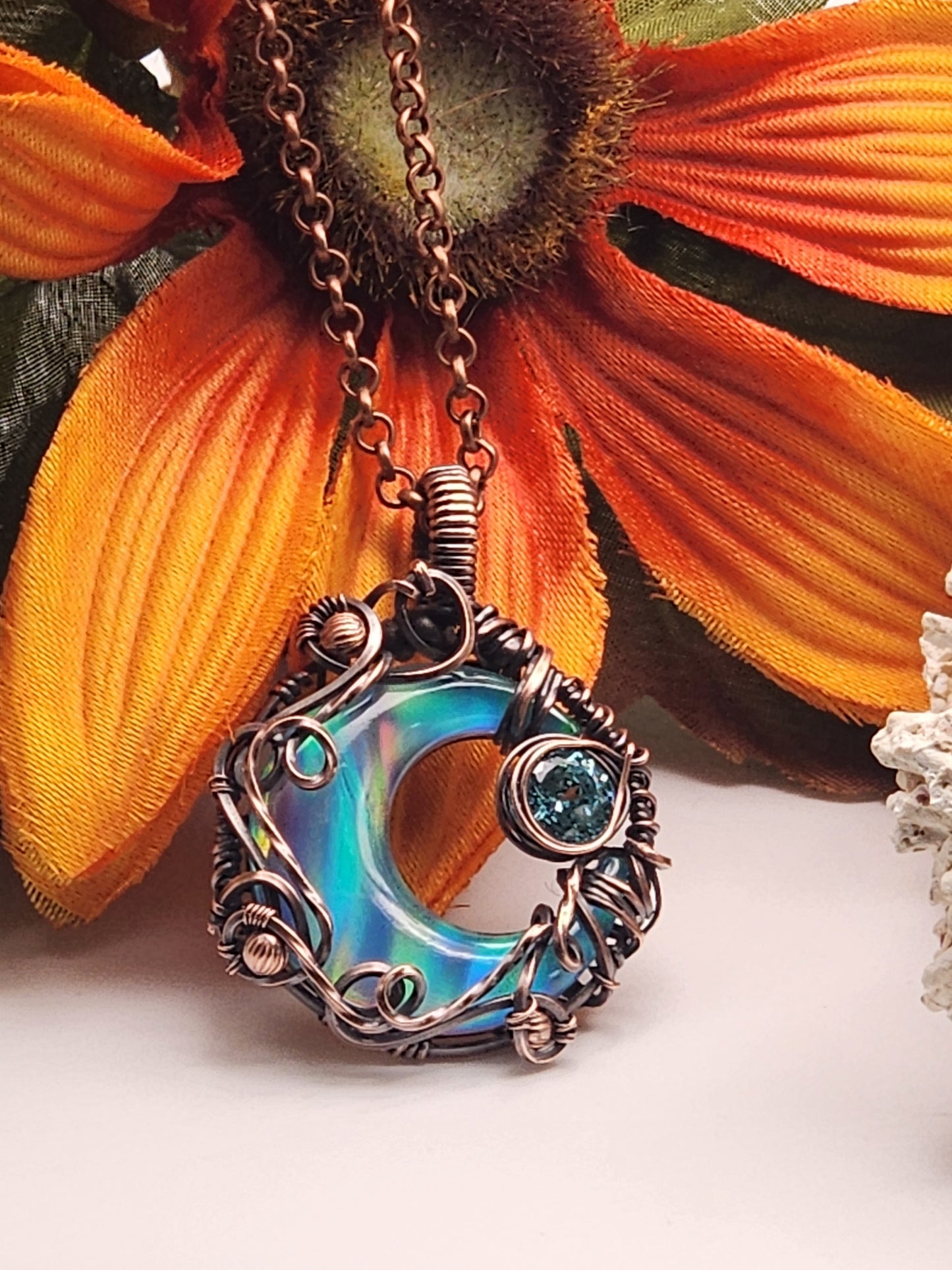 Aura Opal Cresent with CZ Copper Pendant