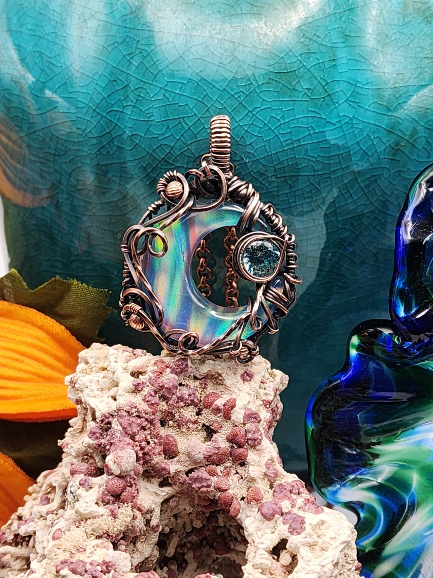 Aura Opal Cresent with CZ Copper Pendant