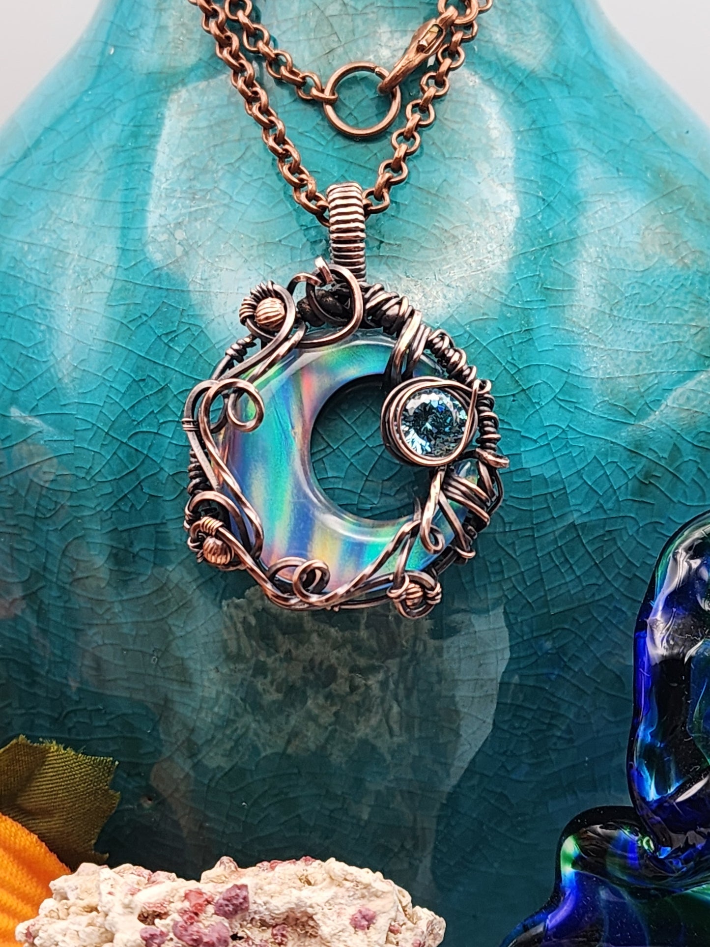 Aura Opal Cresent with CZ Copper Pendant