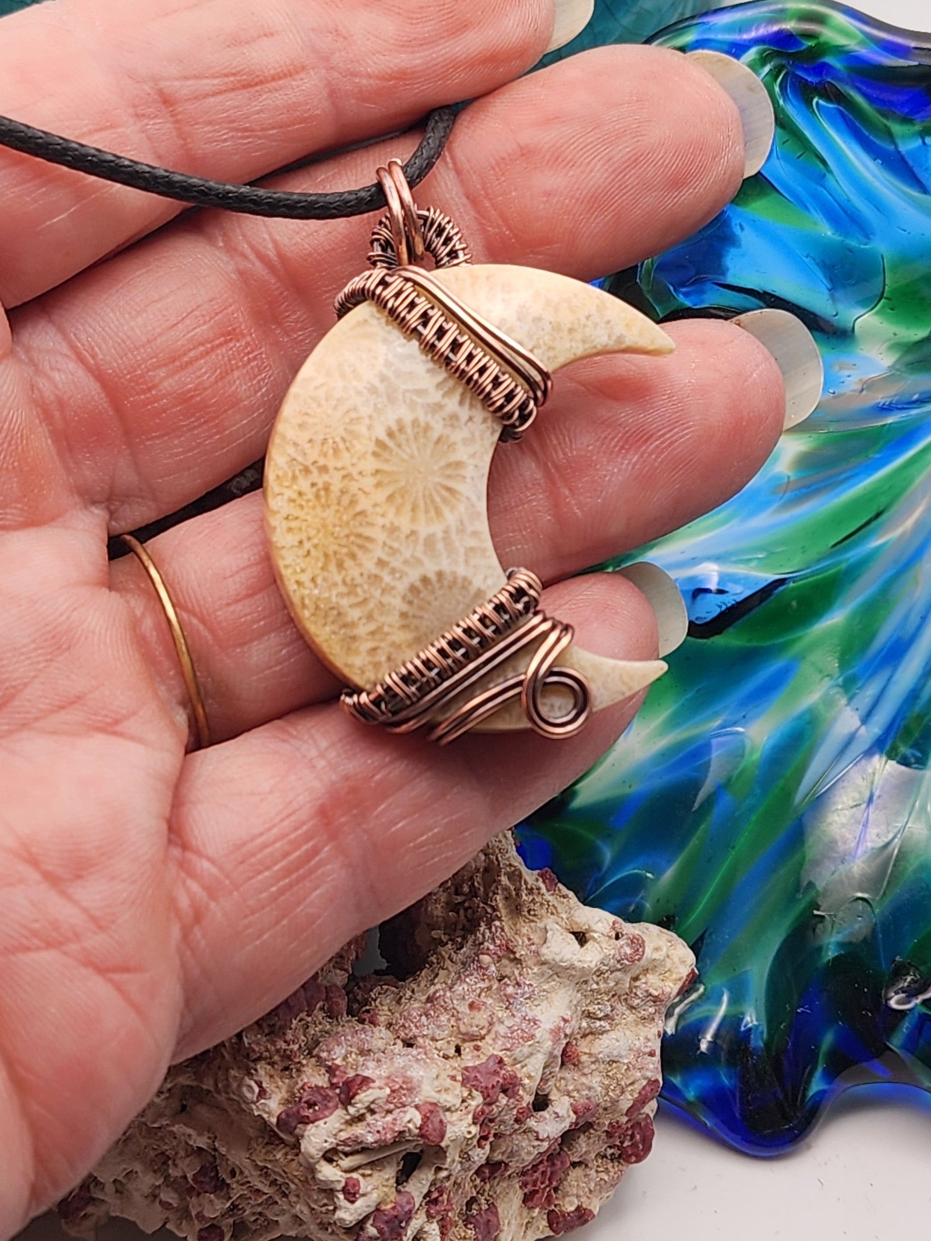 Crescent cut Fossil Coral Pendant