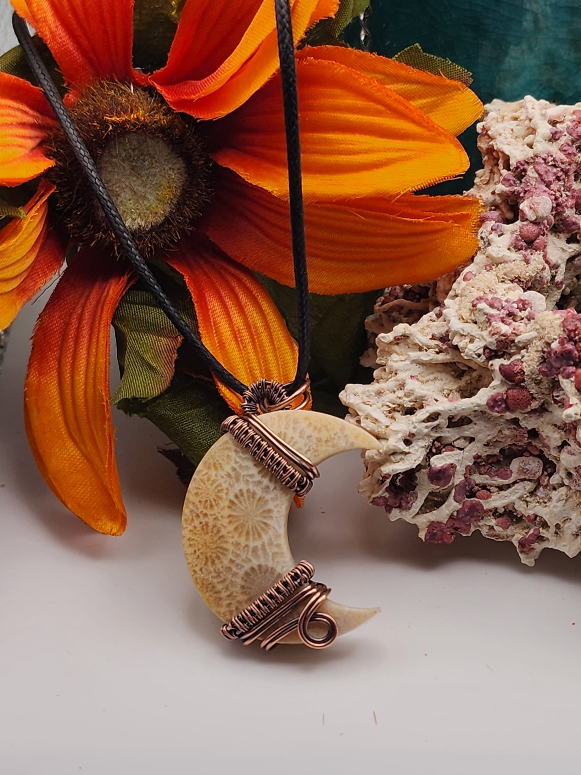 Crescent cut Fossil Coral Pendant