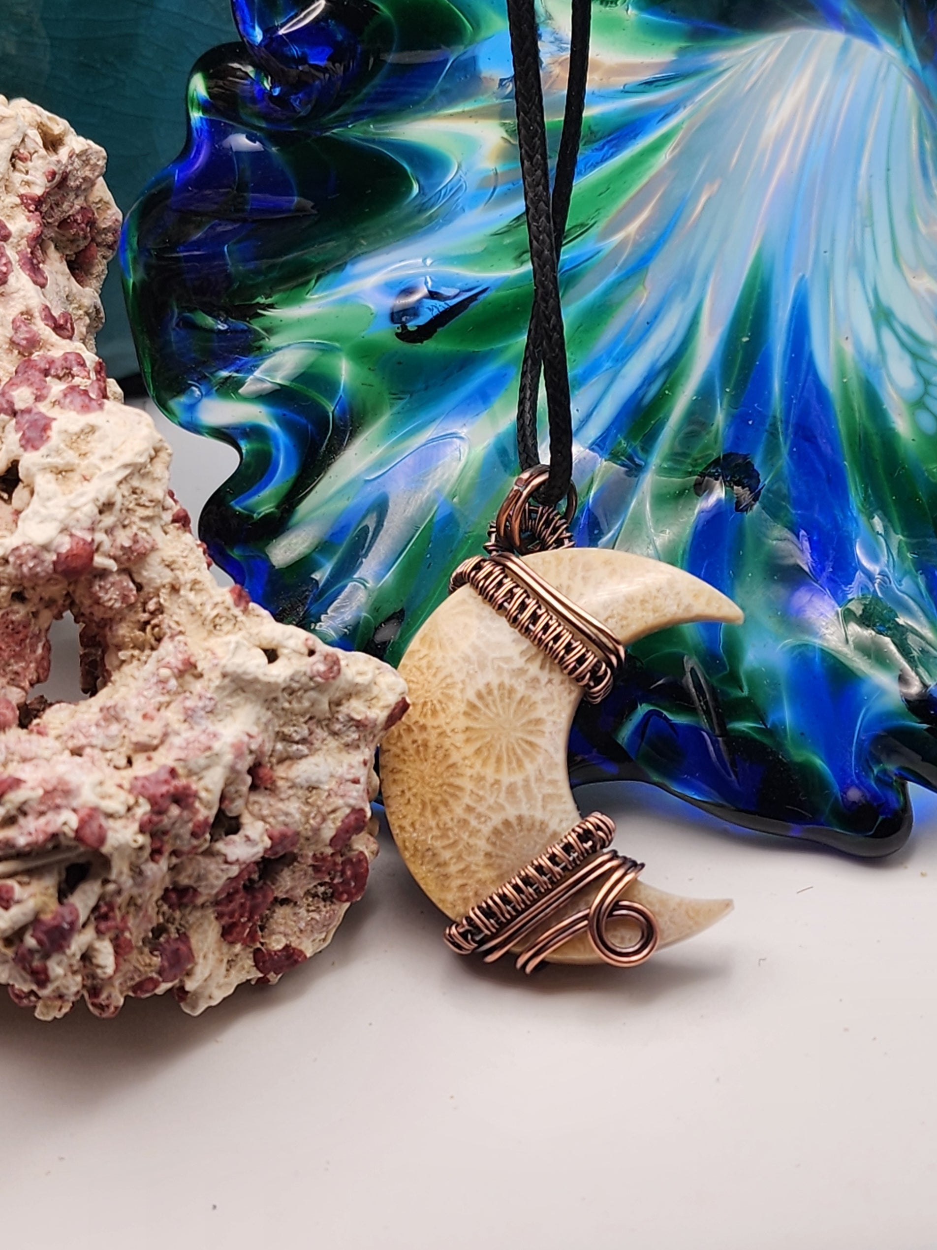 Crescent cut Fossil Coral Pendant