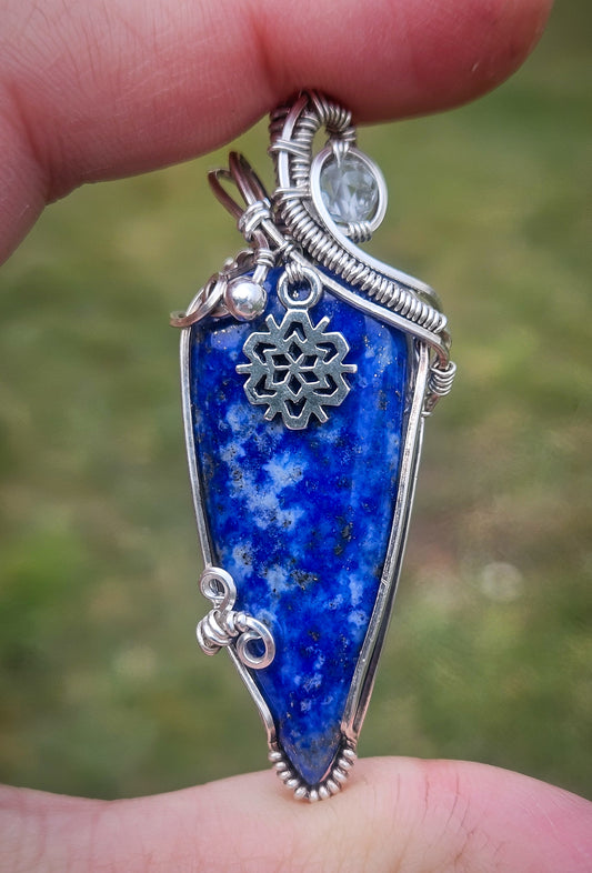 Wire wrapped lapis pendant in sterling silver