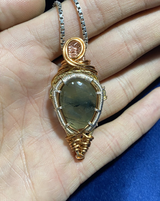 Large Rutilated Prehnite Wrapped Pendant in Copper and Brass