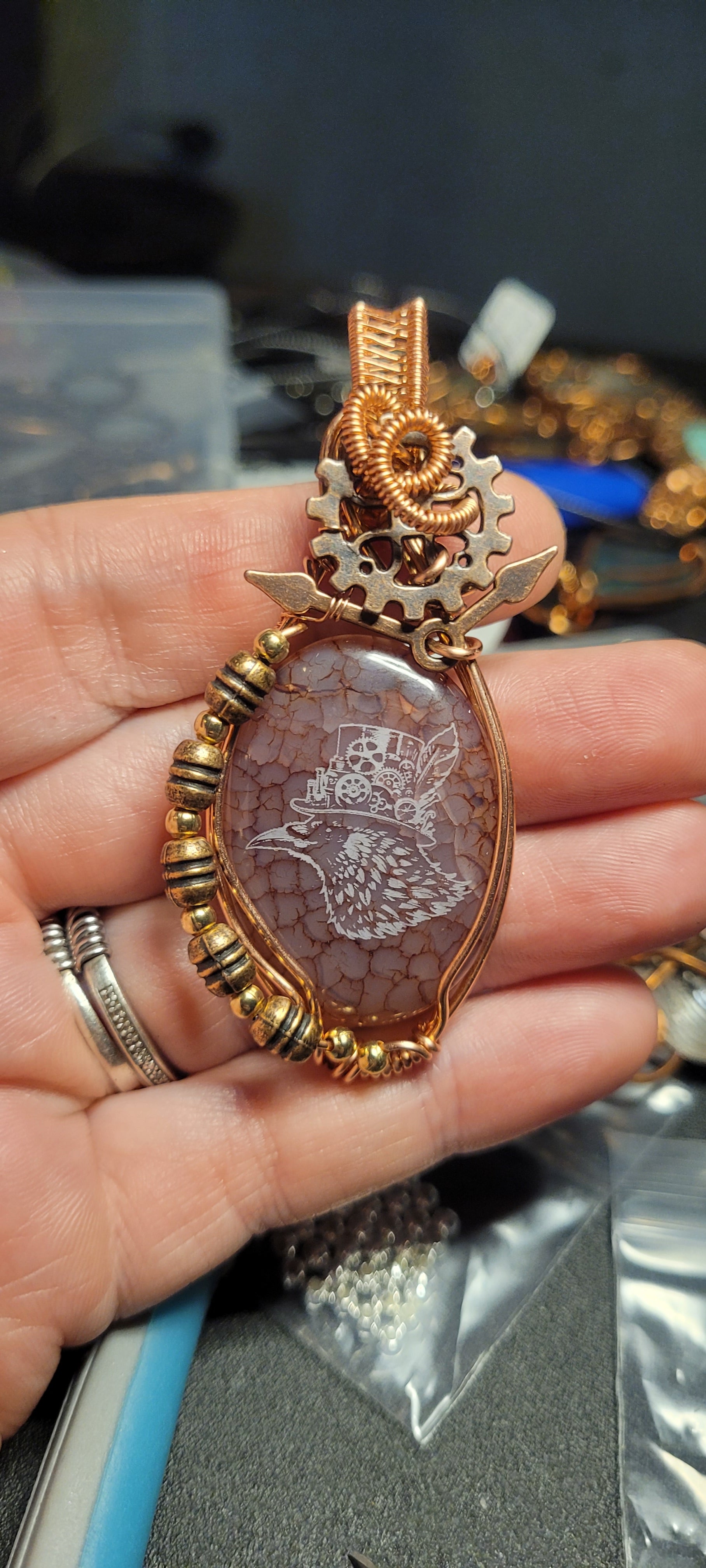 Agate (dyed) steampunk pendant.