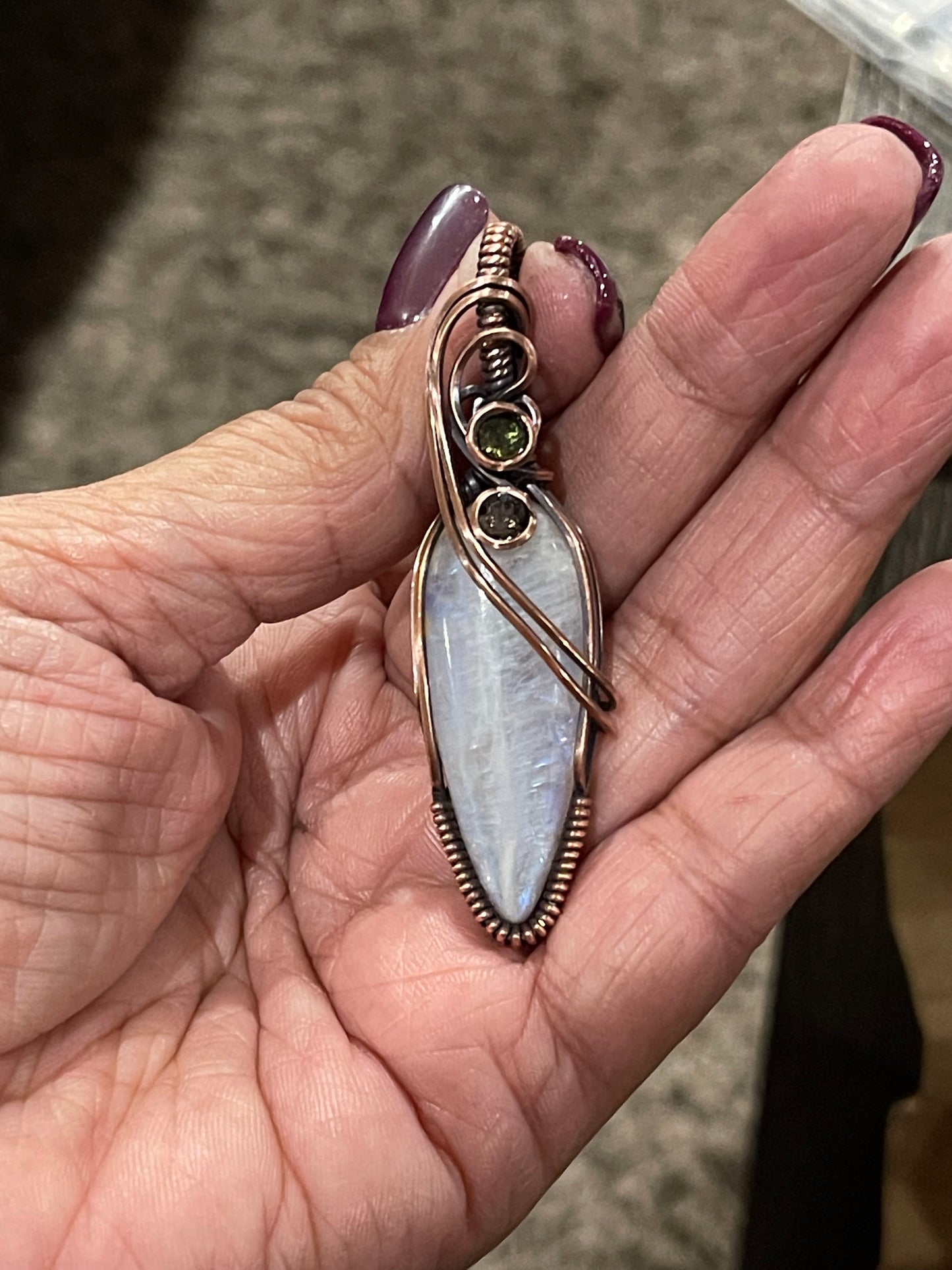 Rainbow Moonstone Pendant with Smokey Quartz and Peridot accent