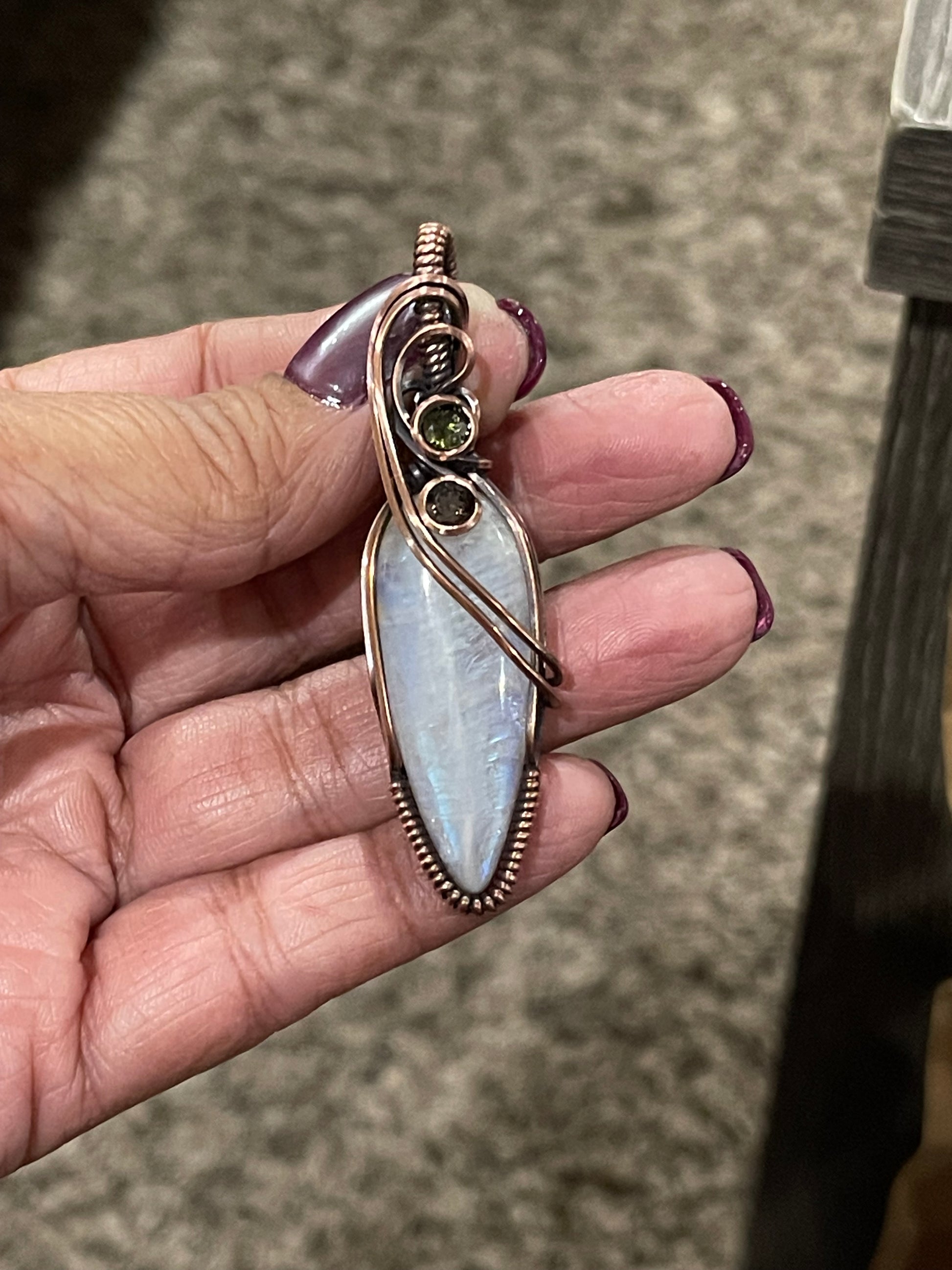 Rainbow Moonstone Pendant with Smokey Quartz and Peridot accent