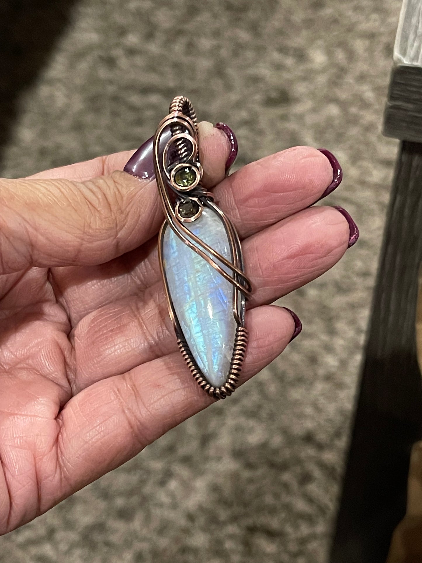 Rainbow Moonstone Pendant with Smokey Quartz and Peridot accent