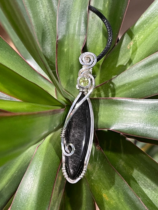 Silver Sheen Obsidian and Peridot pendant