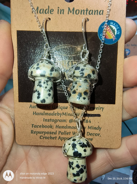 Dalmatian Jasper Mini Mushroom Set in Silver