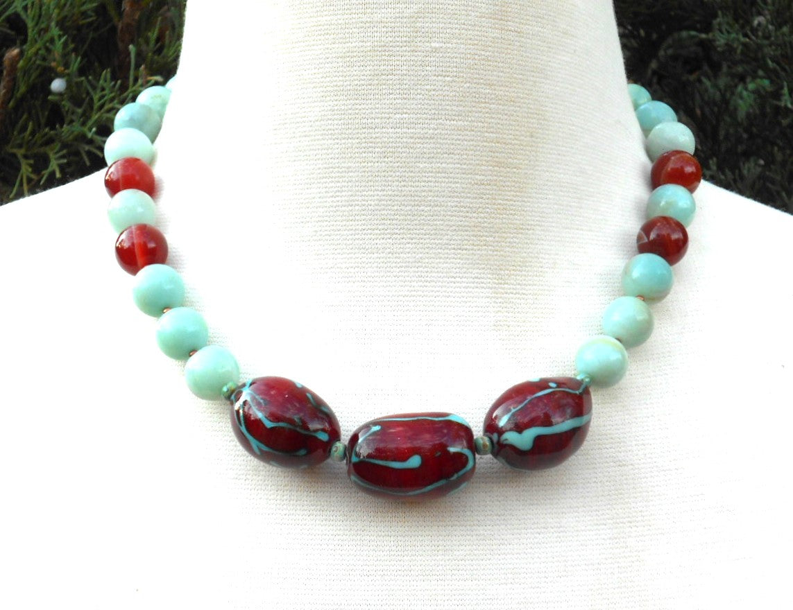 Colorful Statement Piece of Hand-Blown Glass and Gemstone Beads