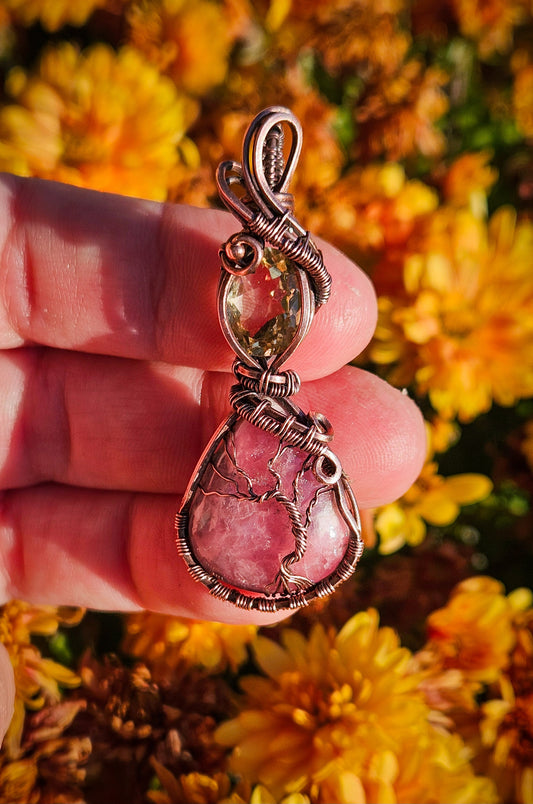 Wire wrapped rhodochrosite & citrine tree of life pendant in pure copper wire