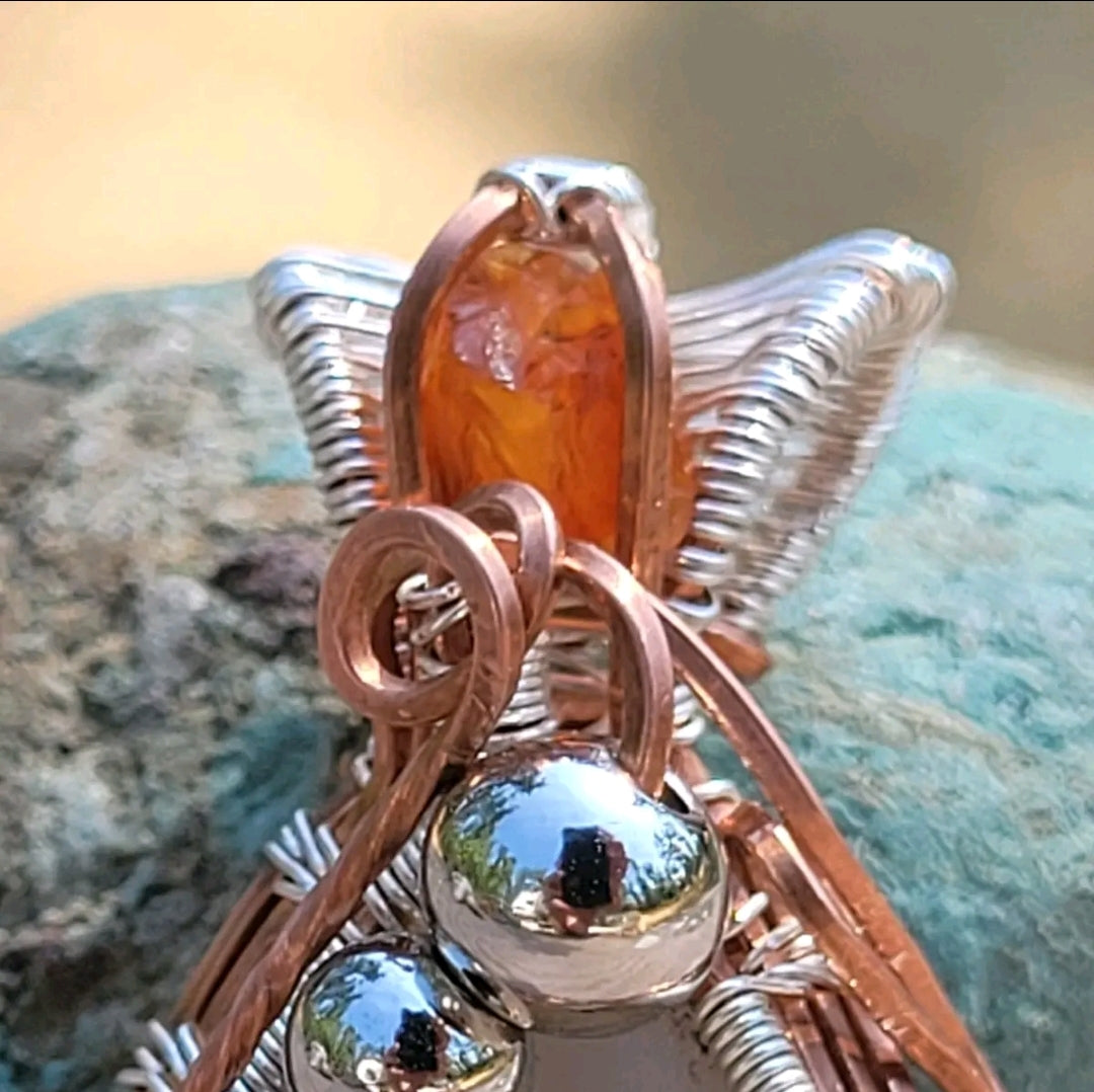 Odin's Weaver - Copper, Silver & Agate Wire Wrap Pendant with Silver Accent Beads