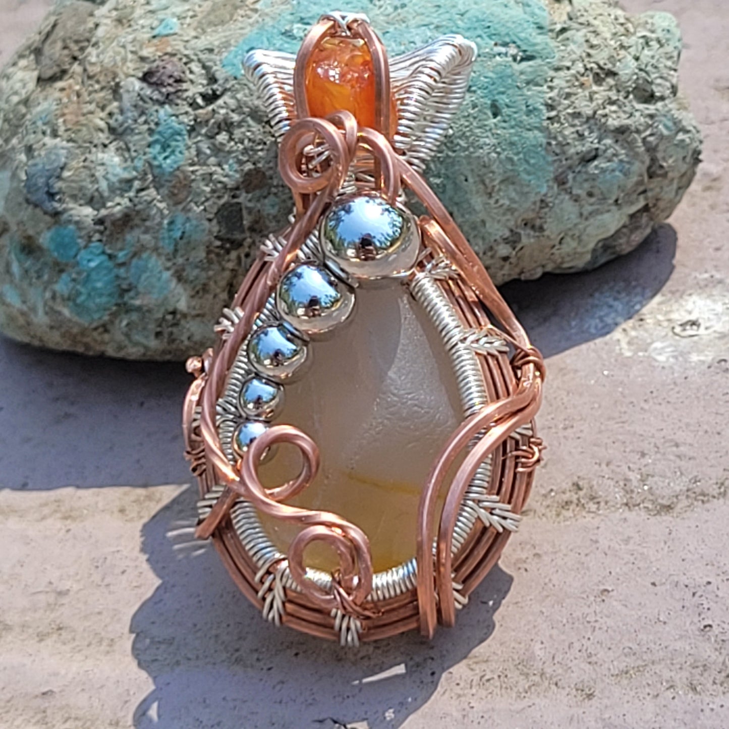 Odin's Weaver - Copper, Silver & Agate Wire Wrap Pendant with Silver Accent Beads