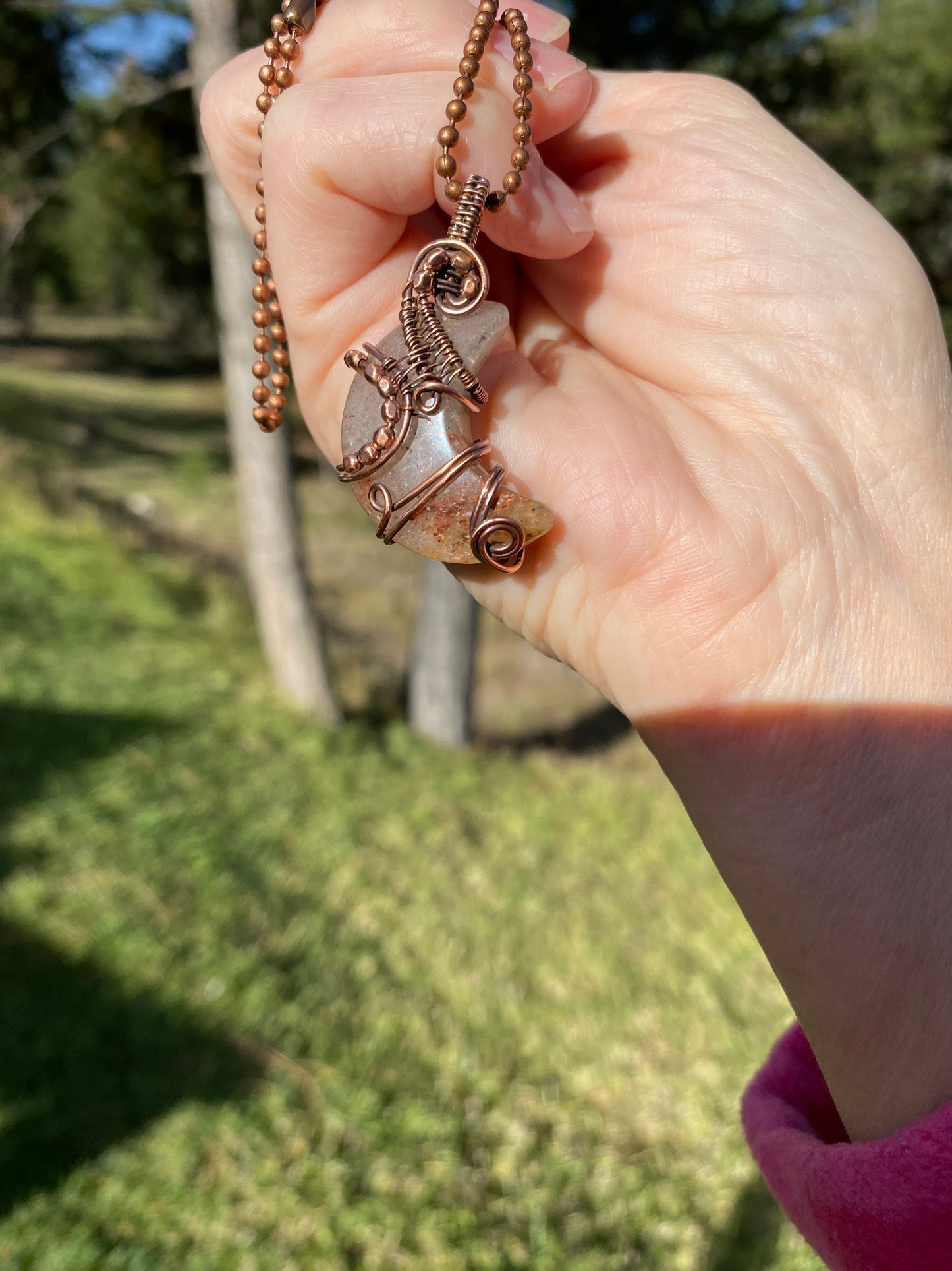 Quartz Moon Pendant with Hematite wire wrapped pendant