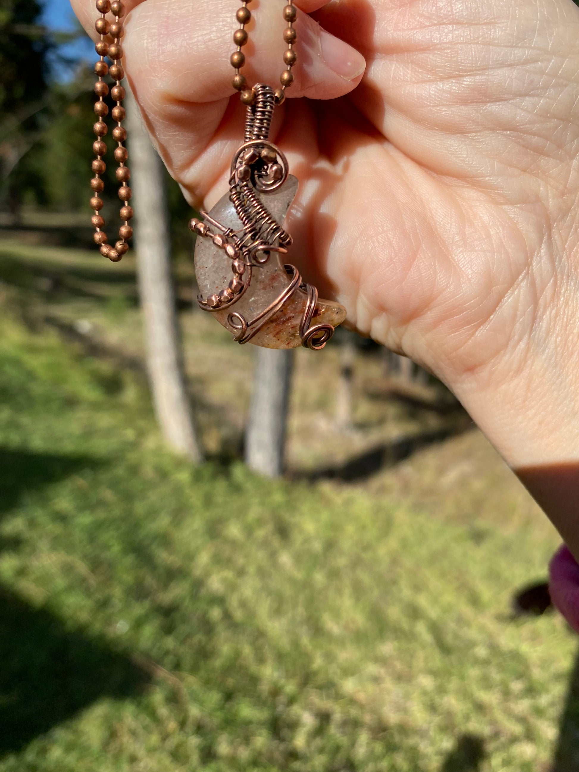 Quartz Moon Pendant with Hematite wire wrapped pendant