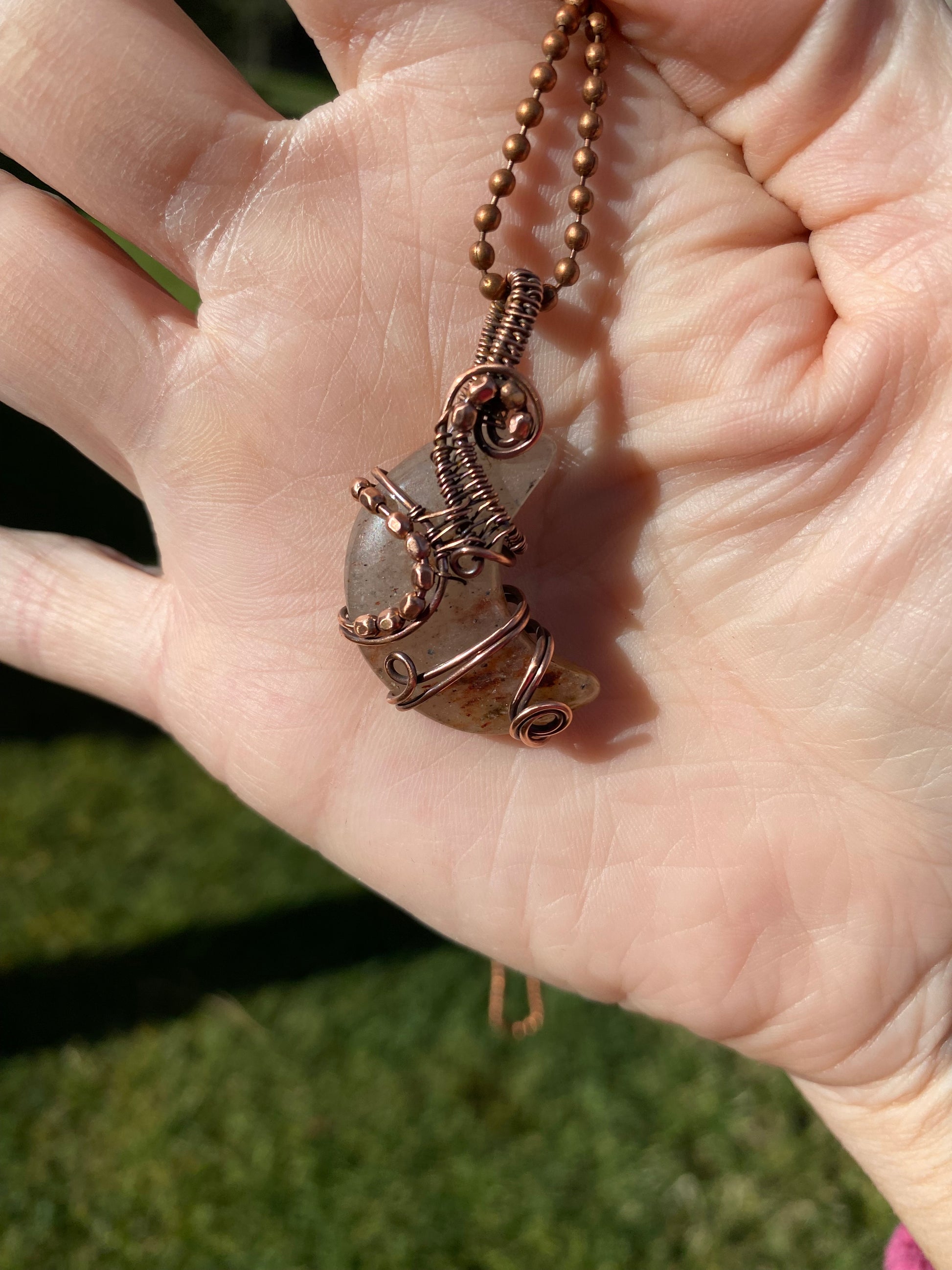 Quartz Moon Pendant with Hematite wire wrapped pendant