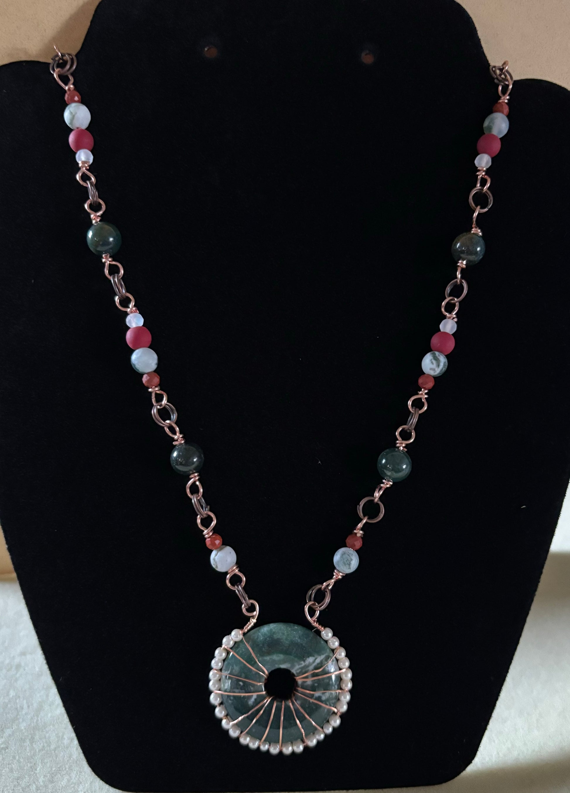 Moss agate donut necklace