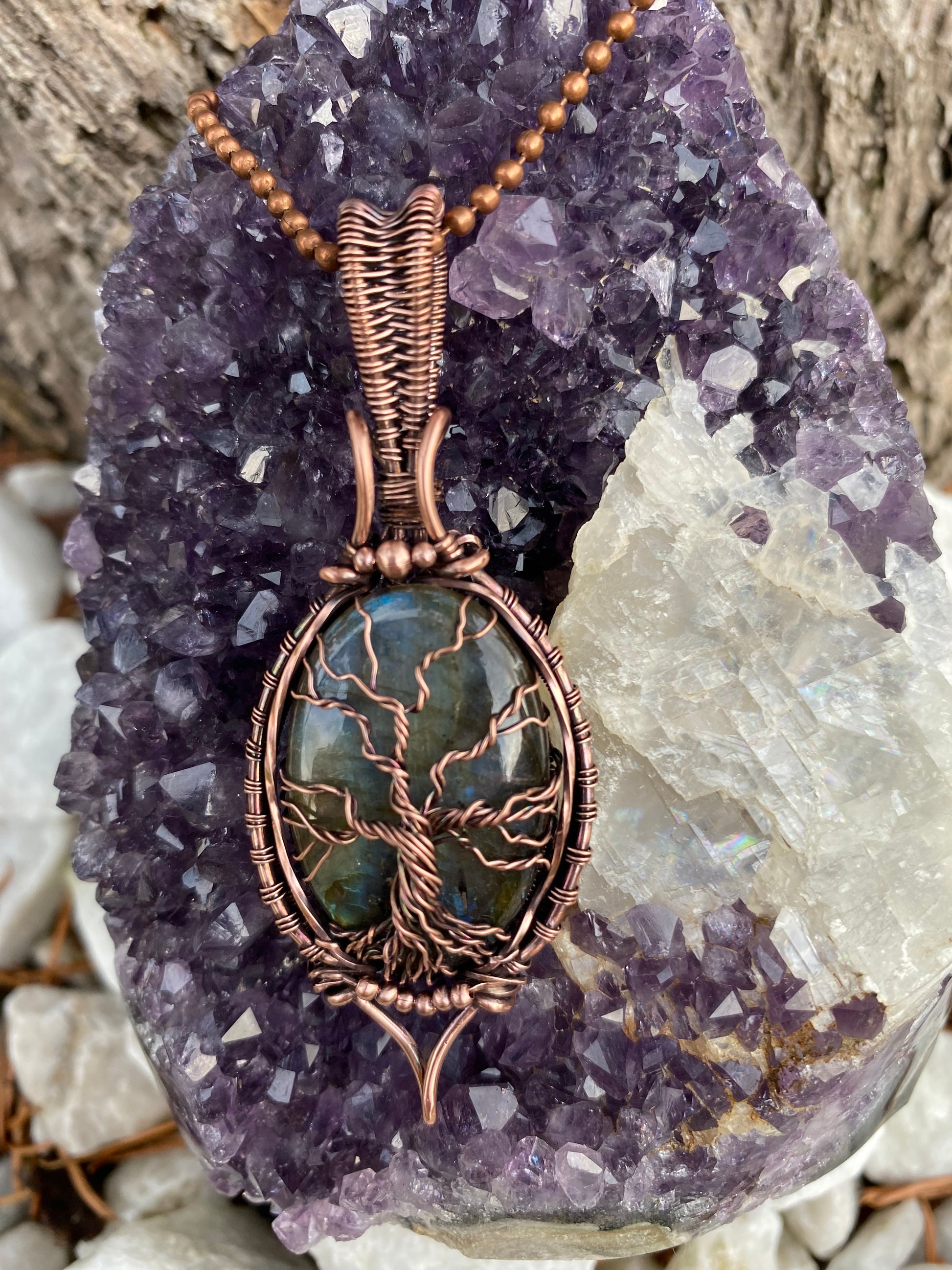 Labradorite Tree of Life Pendant, Tree of Life Labradorite Copper Pendant