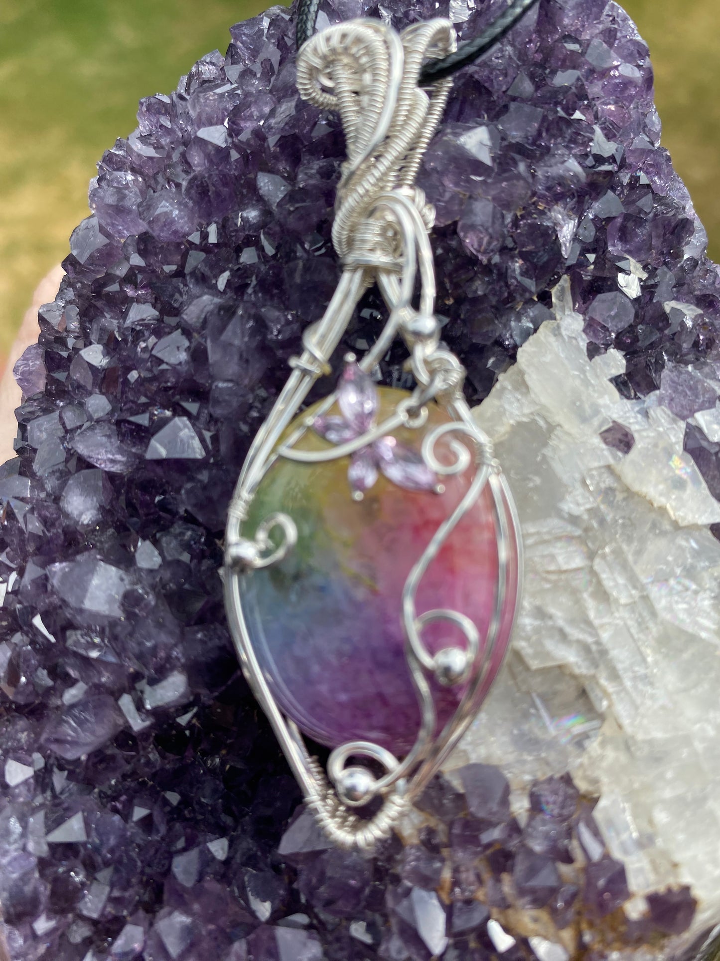 Rainbow Solar Quartz Sterling Silver Wire Wrapped Pendant