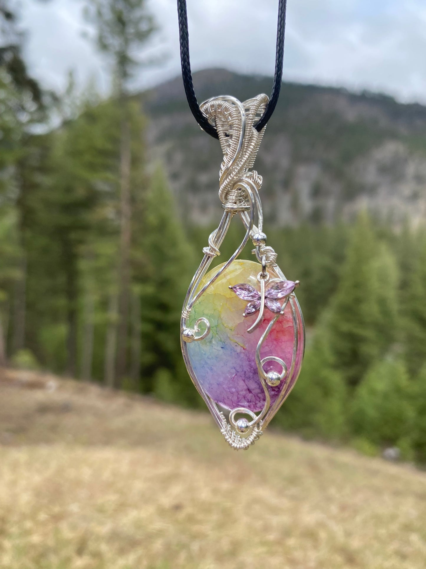 Rainbow Solar Quartz Sterling Silver Wire Wrapped Pendant