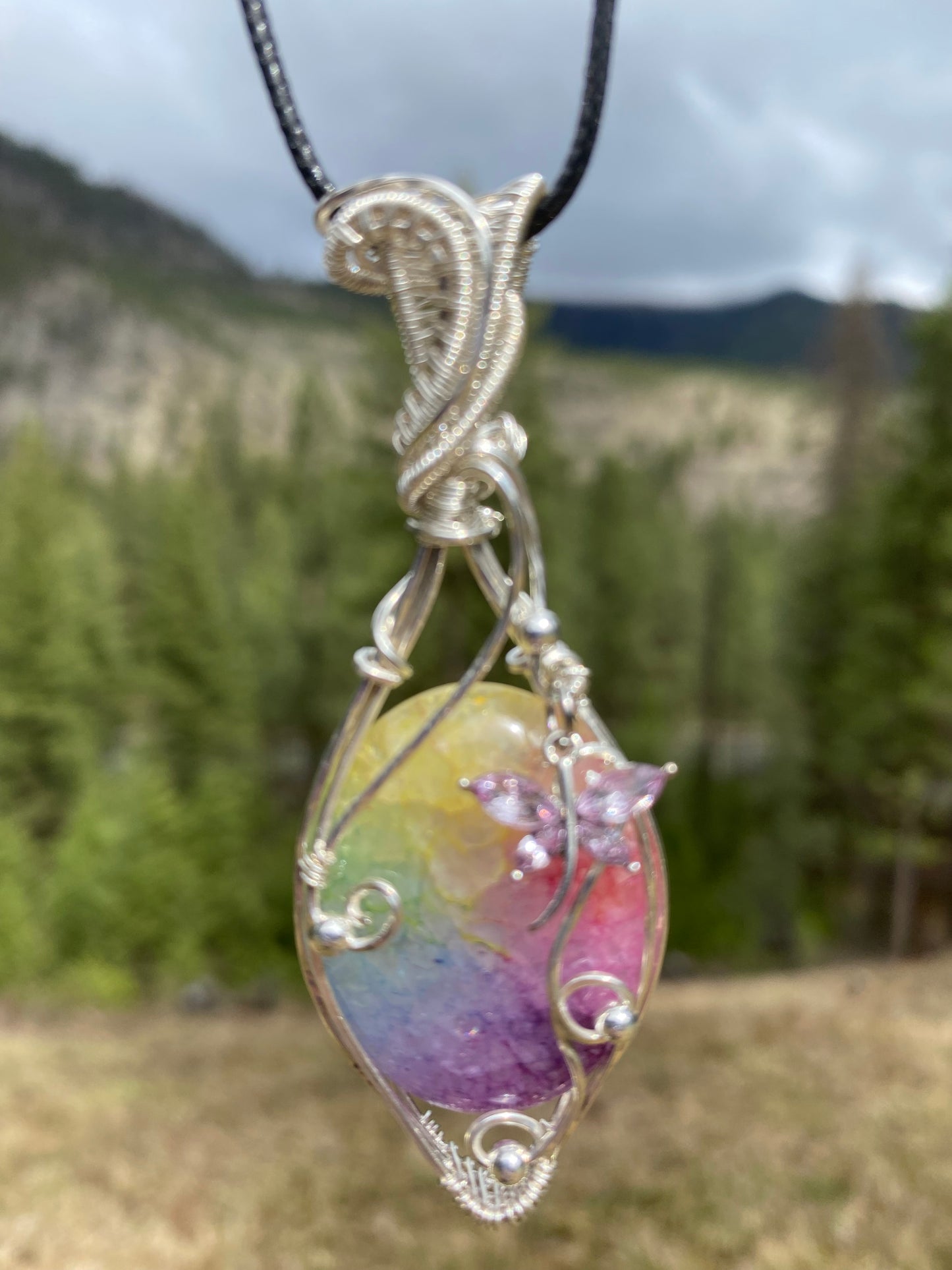 Rainbow Solar Quartz Sterling Silver Wire Wrapped Pendant