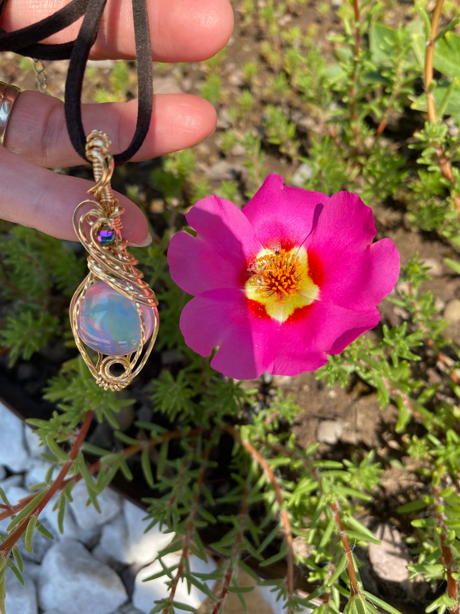 Aurora Opal Crystal Gold Wire wrapped Pendant