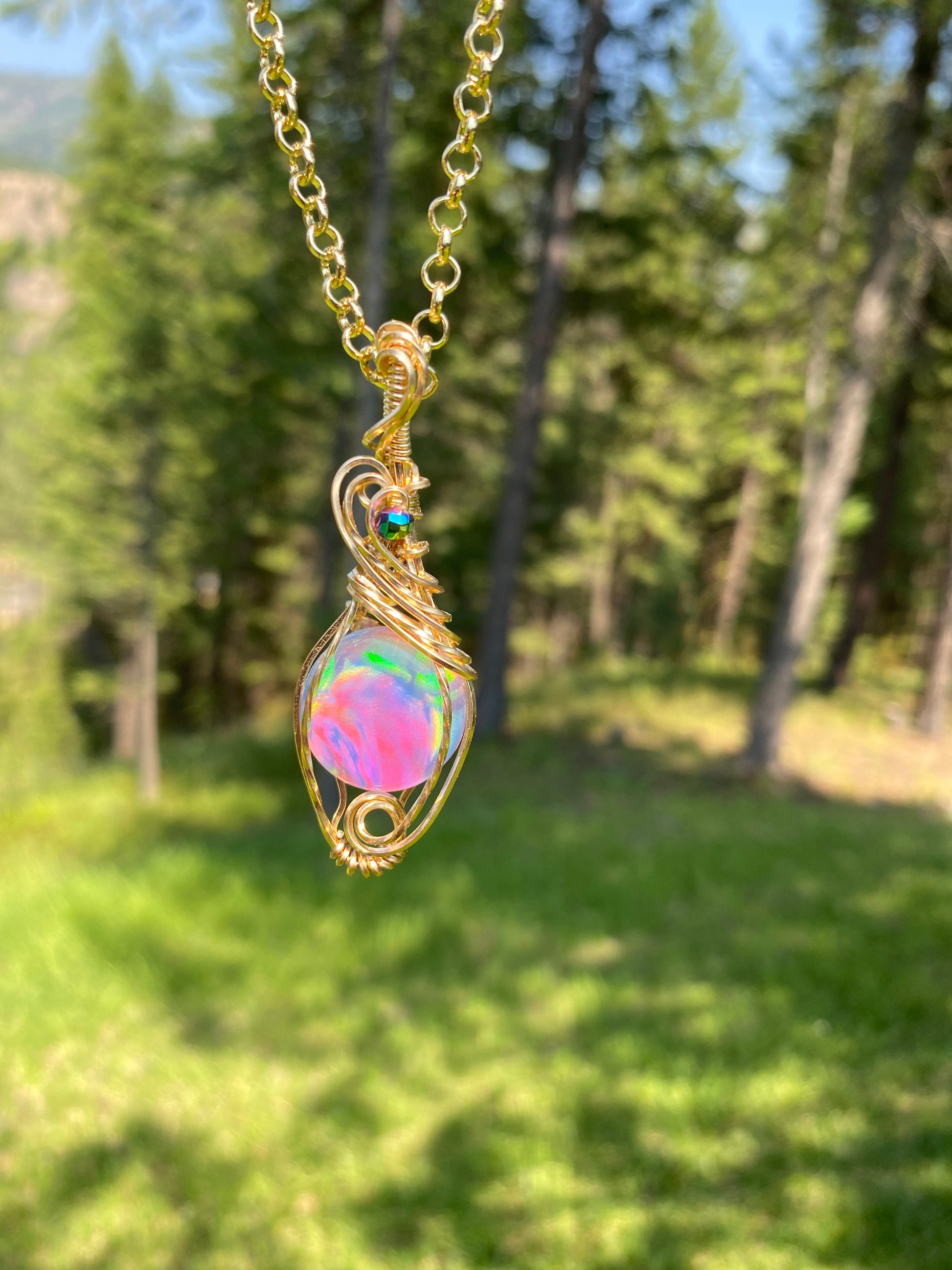 Aurora Opal Crystal Gold Wire wrapped Pendant