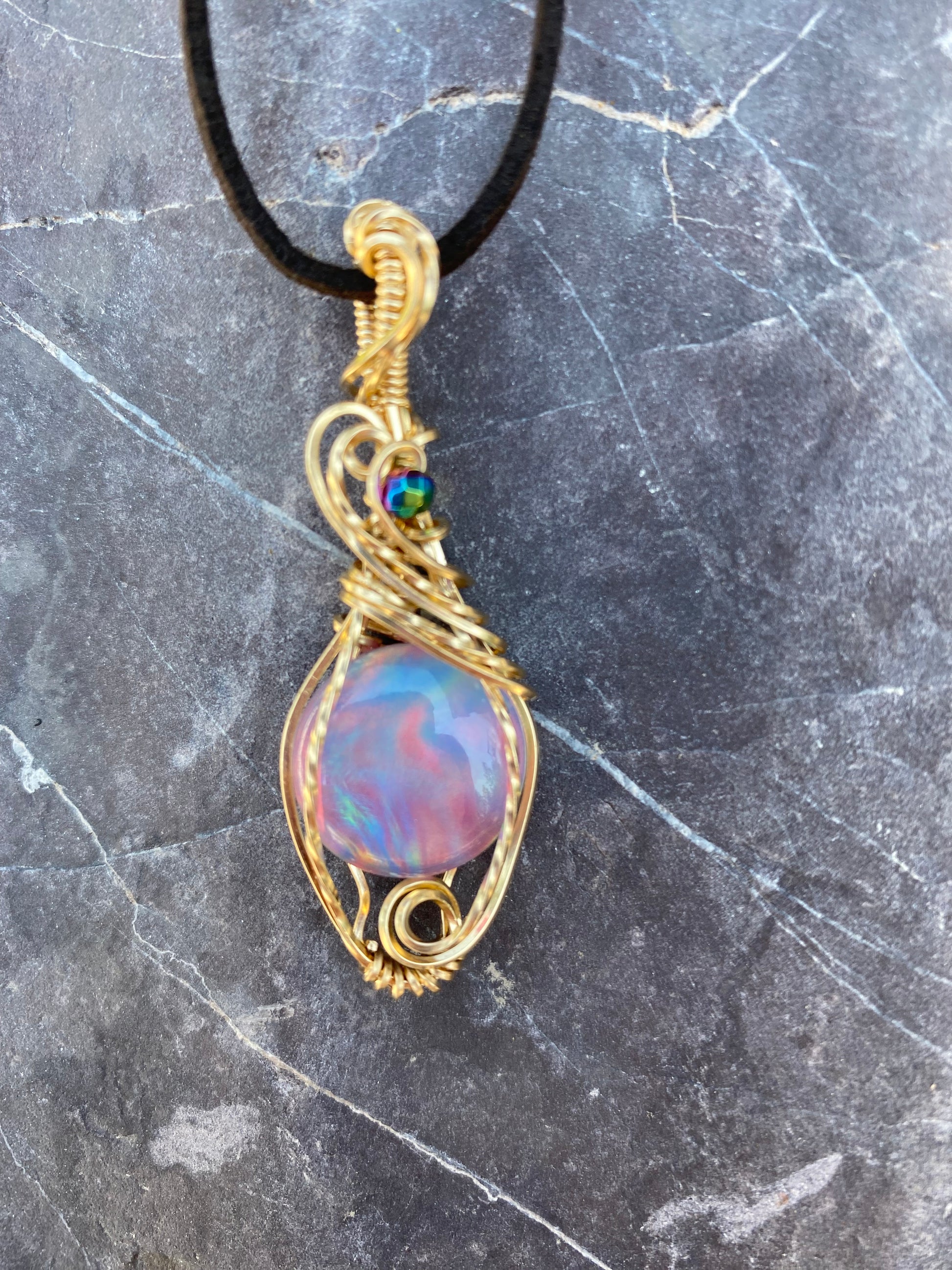 Aurora Opal Crystal Gold Wire wrapped Pendant