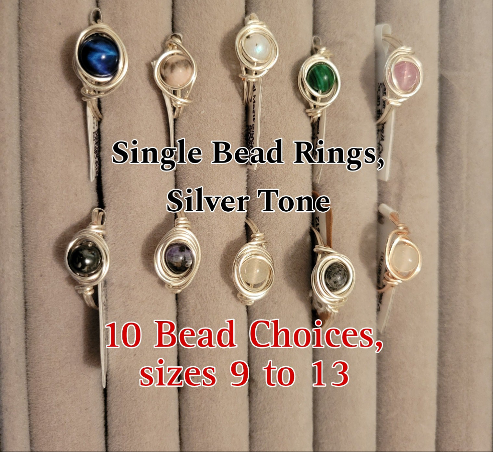 Single Bead Rings, silver tone, Sizes 9 to 13