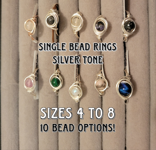 Single Bead Rings, silver tone, Sizes 4 to 8