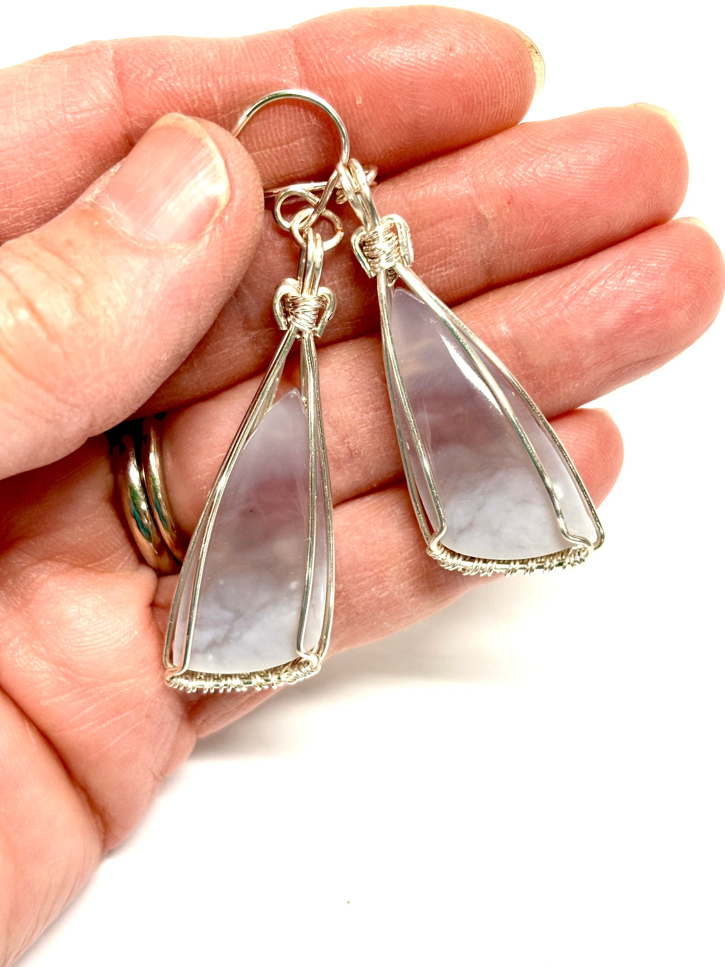 HANDMADE Purple Chalcedony Wire Wrapped Silver Plated Stone Dangle Earrings, Artisan Jewelry Gift for Her