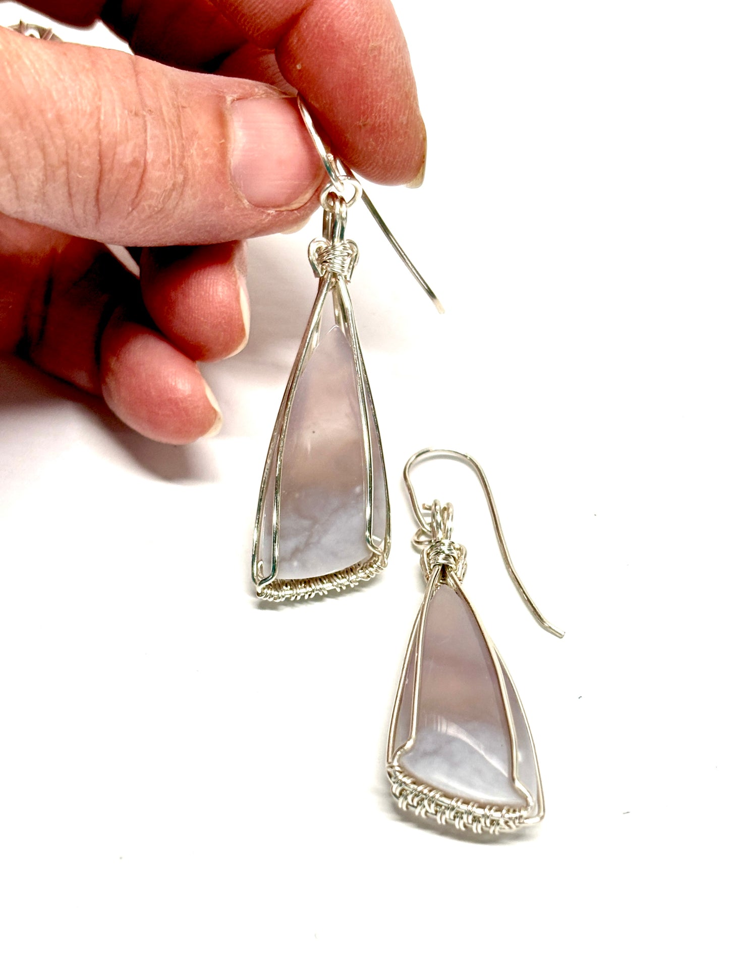 HANDMADE Purple Chalcedony Wire Wrapped Silver Plated Stone Dangle Earrings, Artisan Jewelry Gift for Her