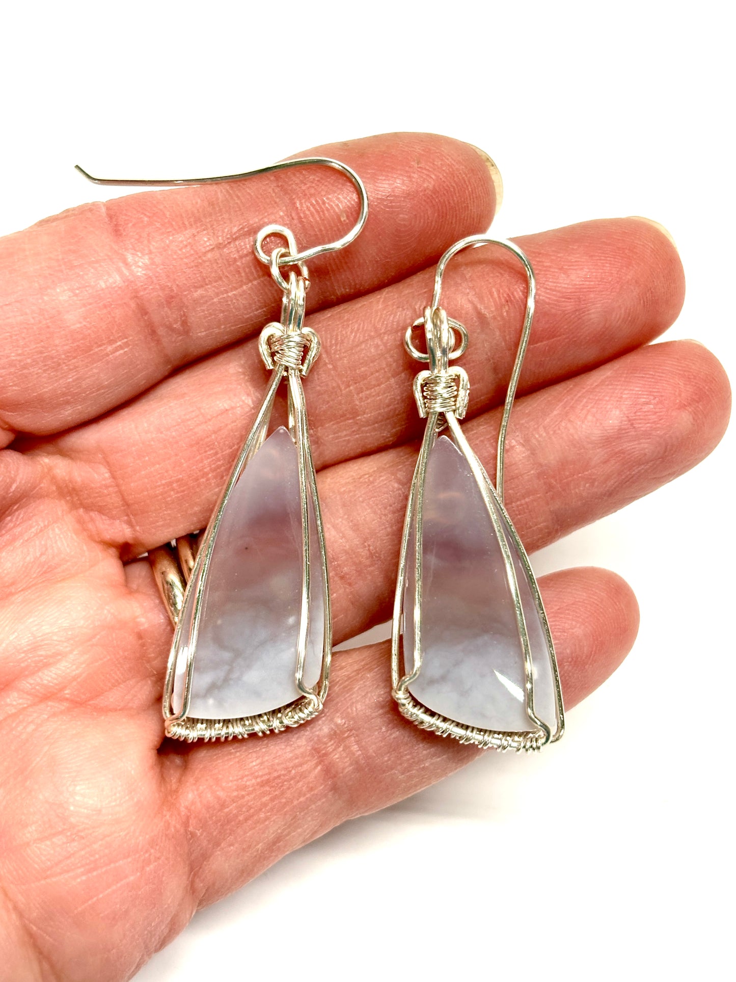HANDMADE Purple Chalcedony Wire Wrapped Silver Plated Stone Dangle Earrings, Artisan Jewelry Gift for Her