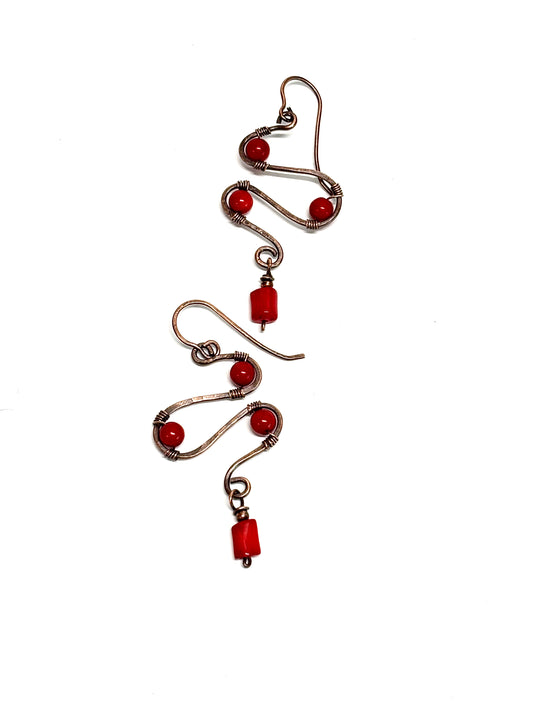 HANDMADE Coral Wire Wrapped Copper Bold Statement Earrings, Artisan Jewelry Gift for Her Woman