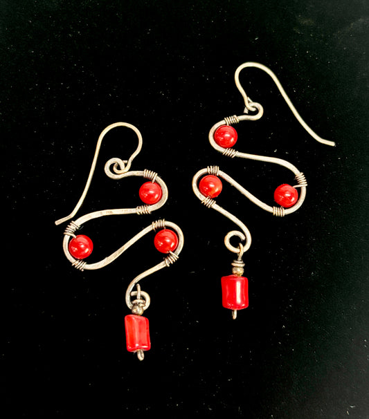 HANDMADE Coral Wire Wrapped Copper Bold Statement Earrings, Artisan Jewelry Gift for Her Woman