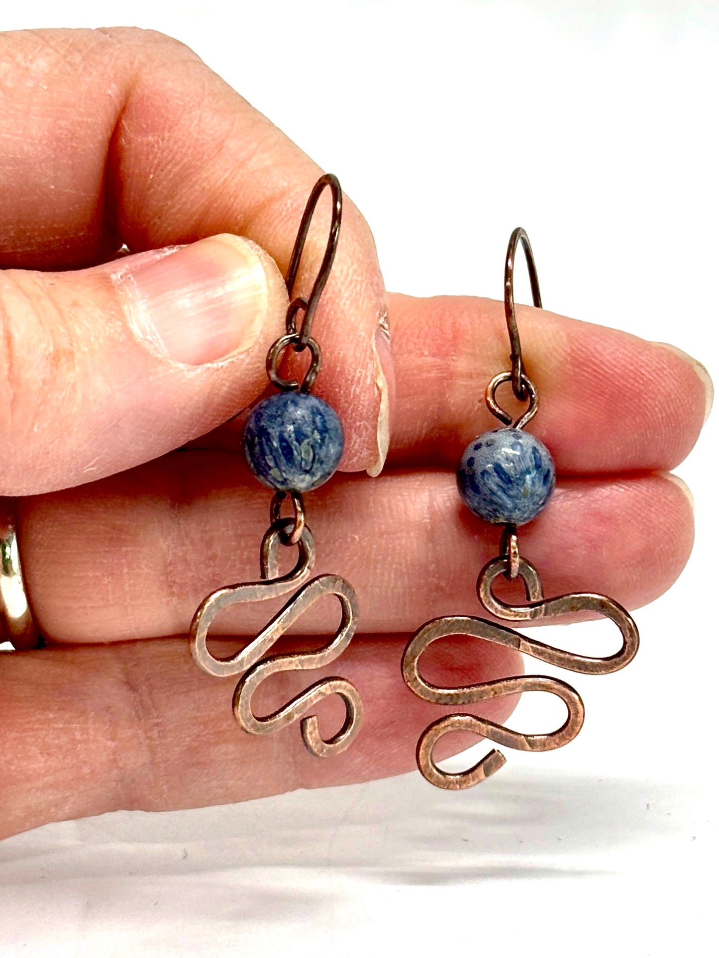 HANDMADE Sodalite Wire Wrapped Hammered Freeform Dangle Earrings, Artisan Jewelry Gift for Her Woman