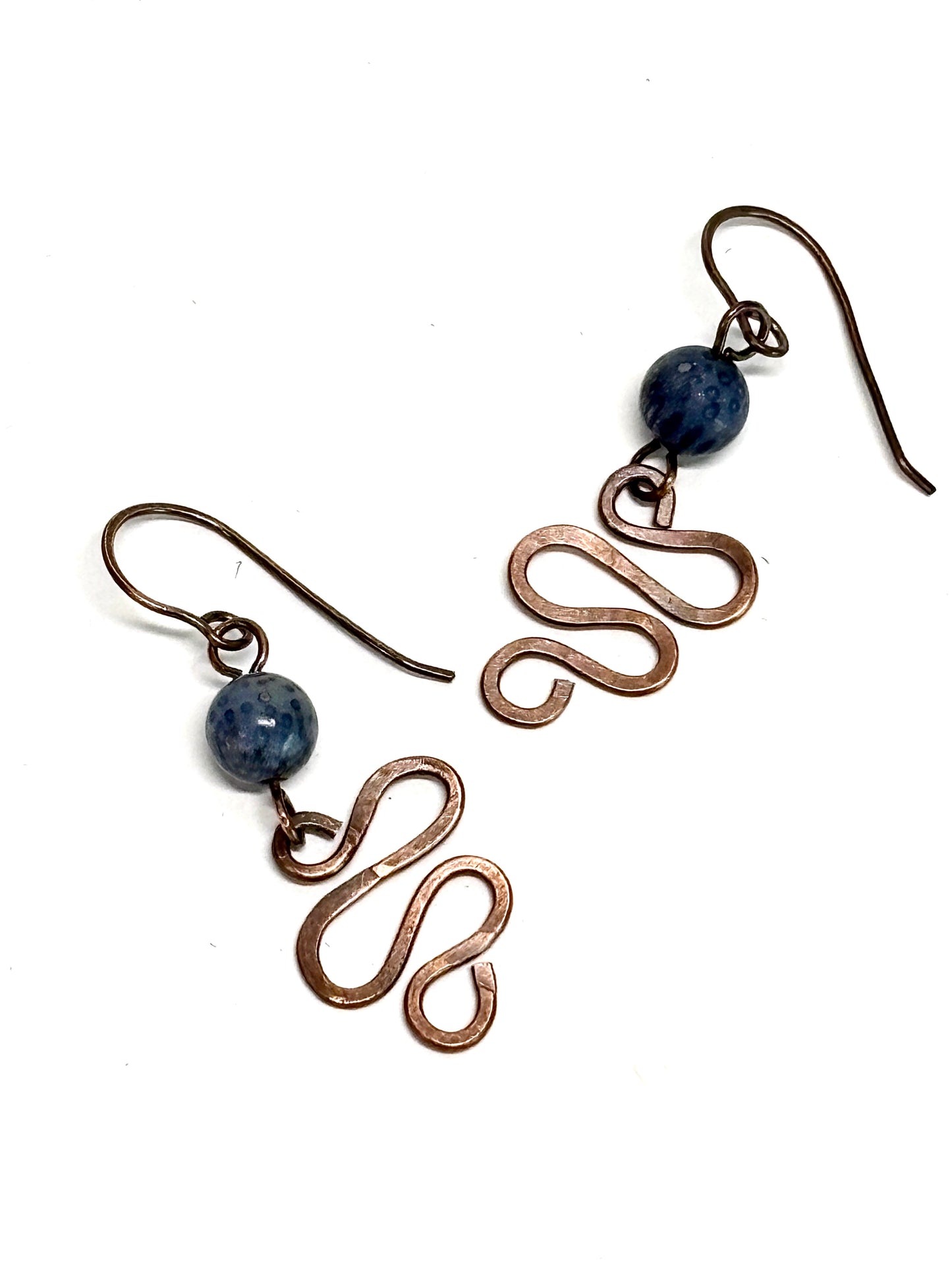 HANDMADE Sodalite Wire Wrapped Hammered Freeform Dangle Earrings, Artisan Jewelry Gift for Her Woman