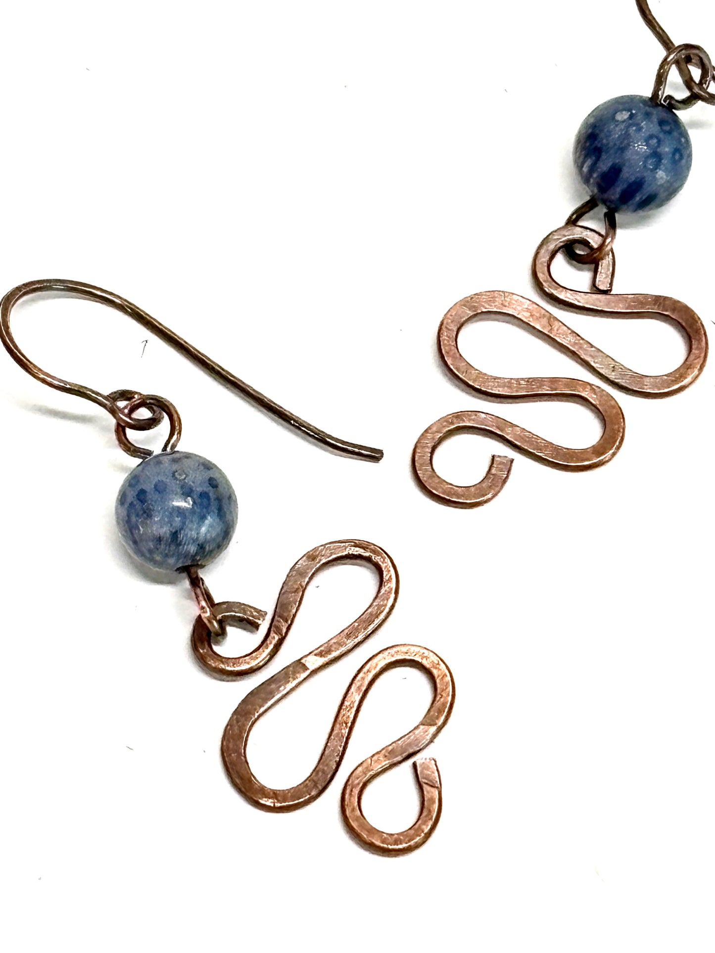 HANDMADE Sodalite Wire Wrapped Hammered Freeform Dangle Earrings, Artisan Jewelry Gift for Her Woman