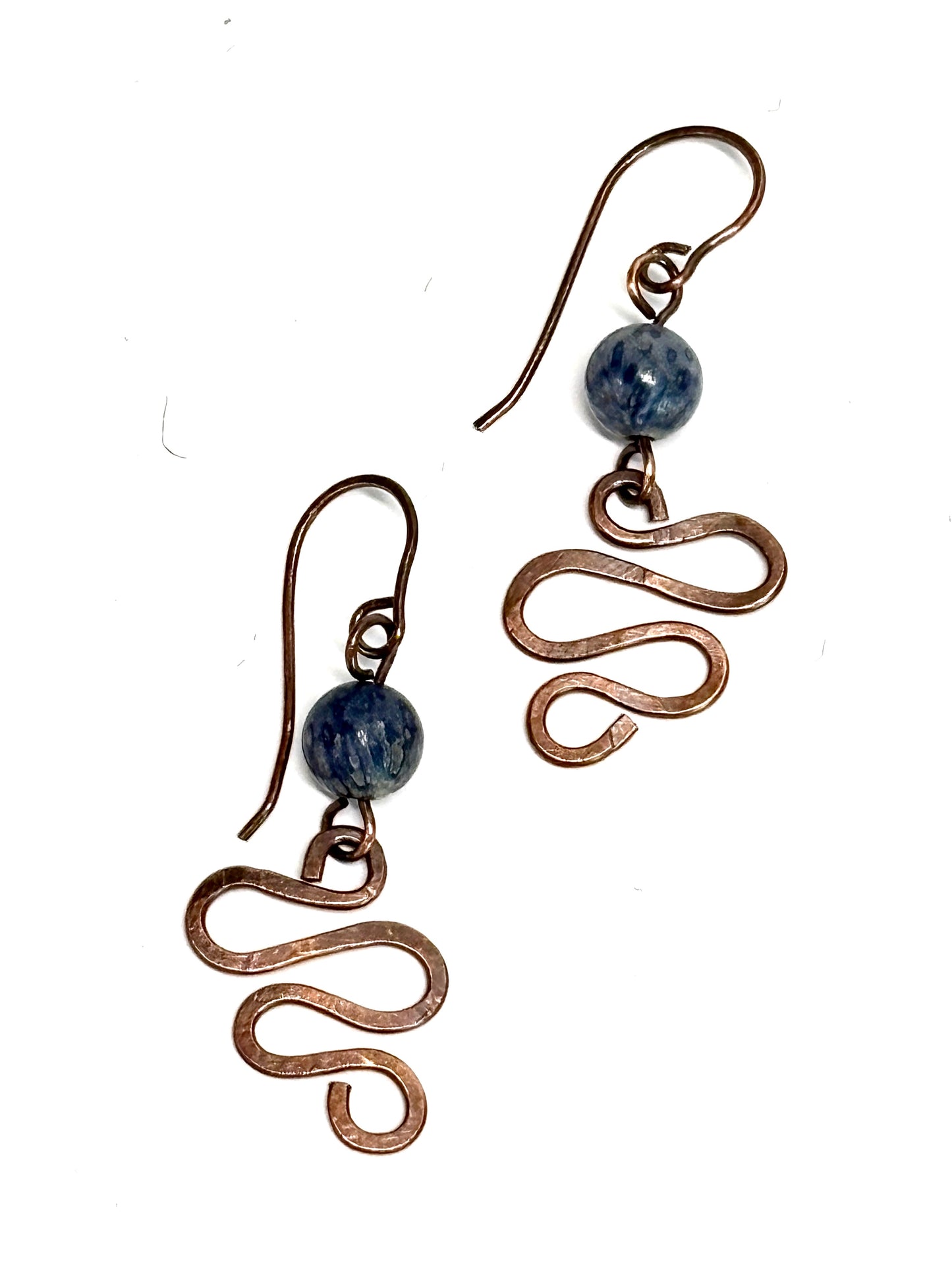 HANDMADE Sodalite Wire Wrapped Hammered Freeform Dangle Earrings, Artisan Jewelry Gift for Her Woman