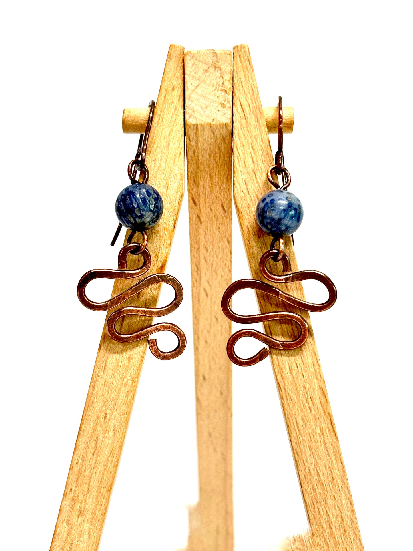 HANDMADE Sodalite Wire Wrapped Hammered Freeform Dangle Earrings, Artisan Jewelry Gift for Her Woman