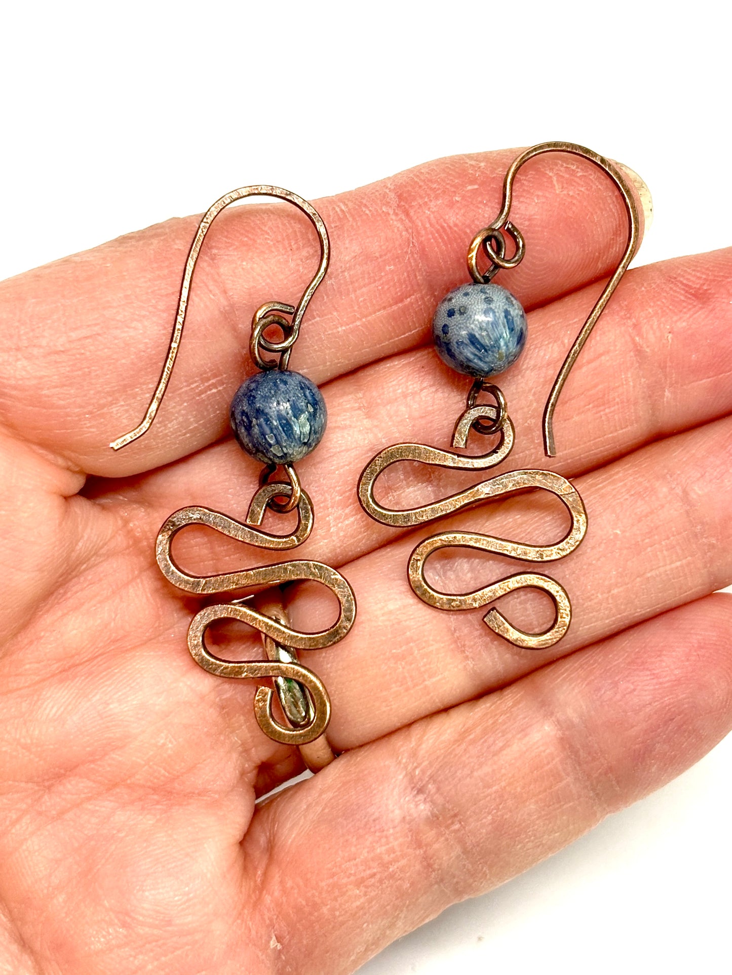 HANDMADE Sodalite Wire Wrapped Hammered Freeform Dangle Earrings, Artisan Jewelry Gift for Her Woman