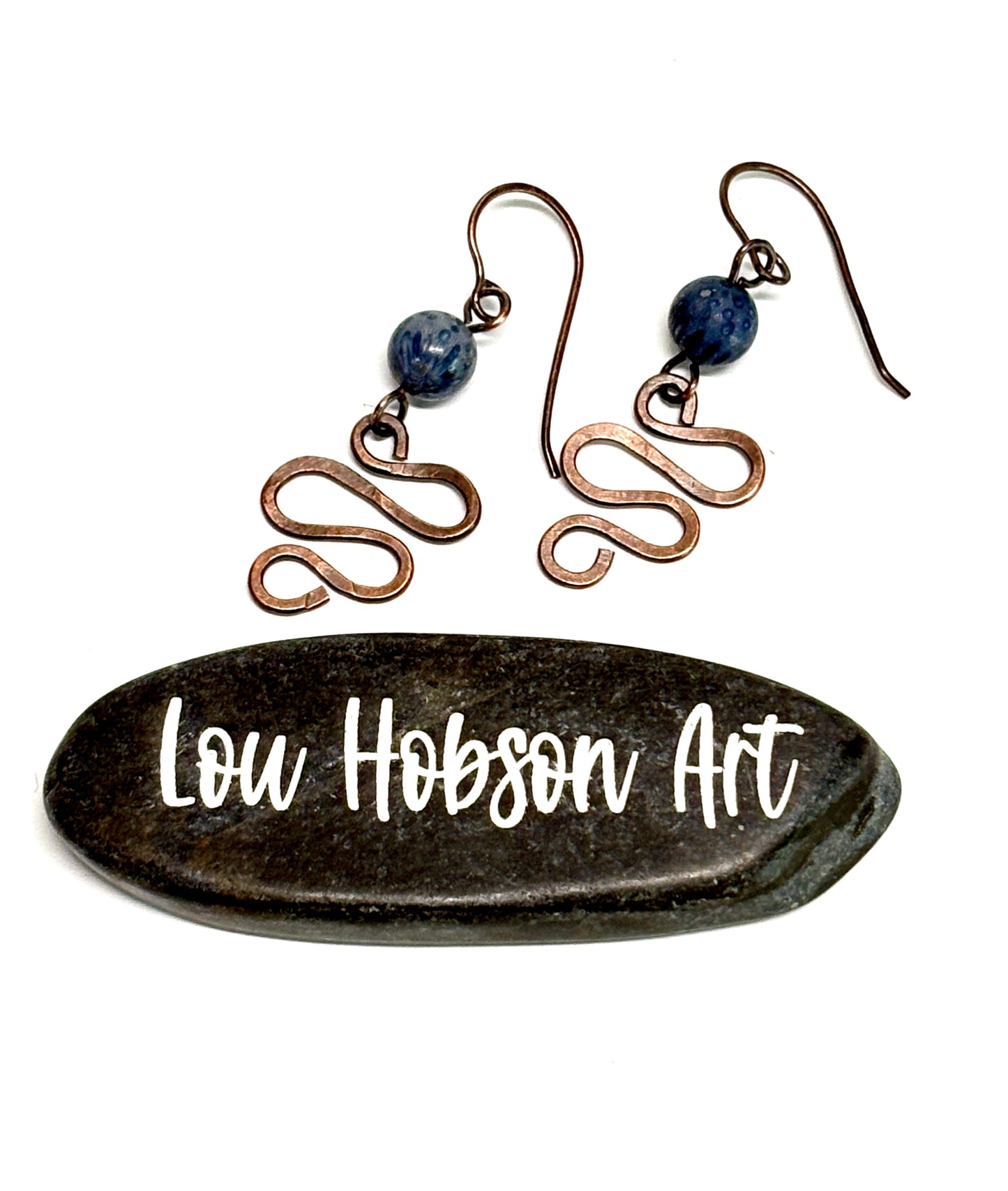 HANDMADE Sodalite Wire Wrapped Hammered Freeform Dangle Earrings, Artisan Jewelry Gift for Her Woman