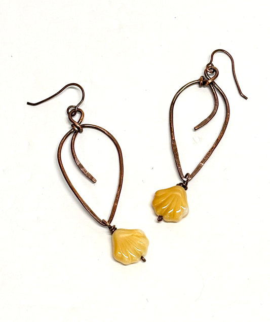HANDMADE Vintage Resin Shell Wire Wrapped Copper Bold Statement Earrings, Artisan Gift for Her Woman